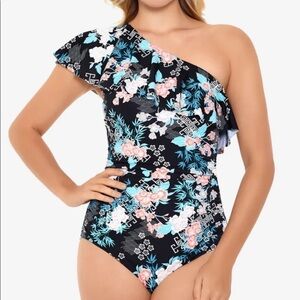 SWIM SOLUTIONS Women's Black Ruffled One Shoulder One Piece Swimsuit